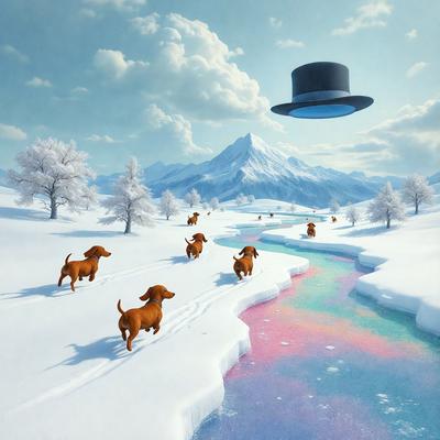 Primary subject: A group of dogs walking in the snow.

Setting/background: A snowy landscape with a mountain in the background.

Visual style: Digital art.

Colors and mood: The image is predominantly white, with the snow and the dogs' fur being the main colors. The overall atmosphere is calm and serene, as the dogs are peacefully walking through the snowy landscape.